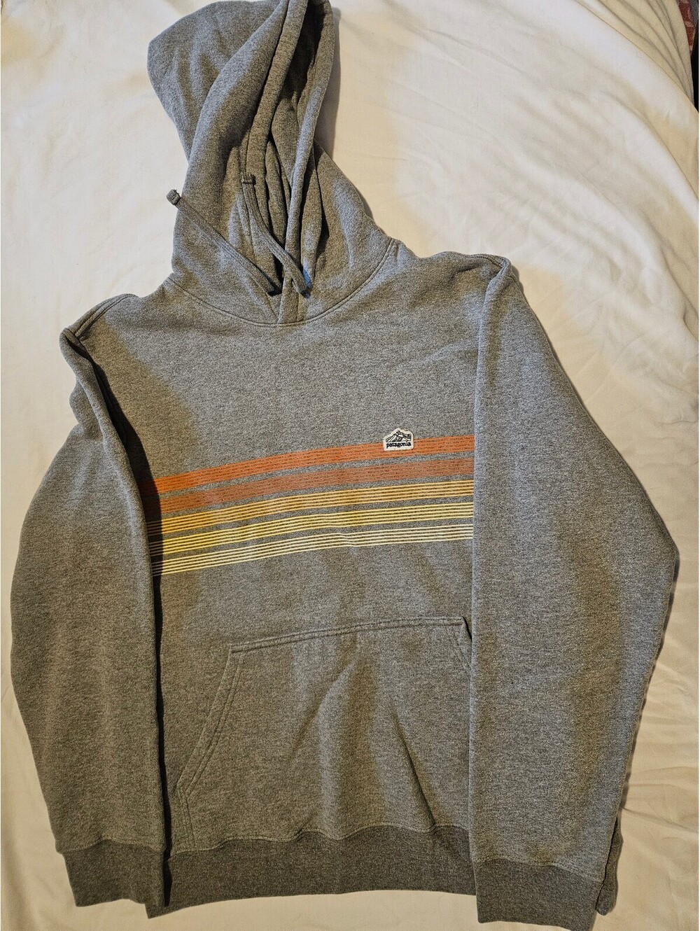 Patagonia Gray Pullover Hoodie with Orange Yellow Stripes Unisex Size Medium